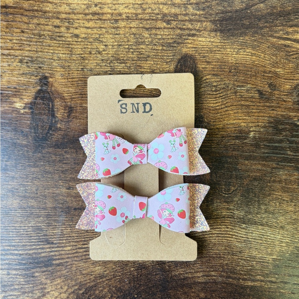 Handcrafted Pink Strawberry Shortcake Print Kids Hair Bows - Set of 2